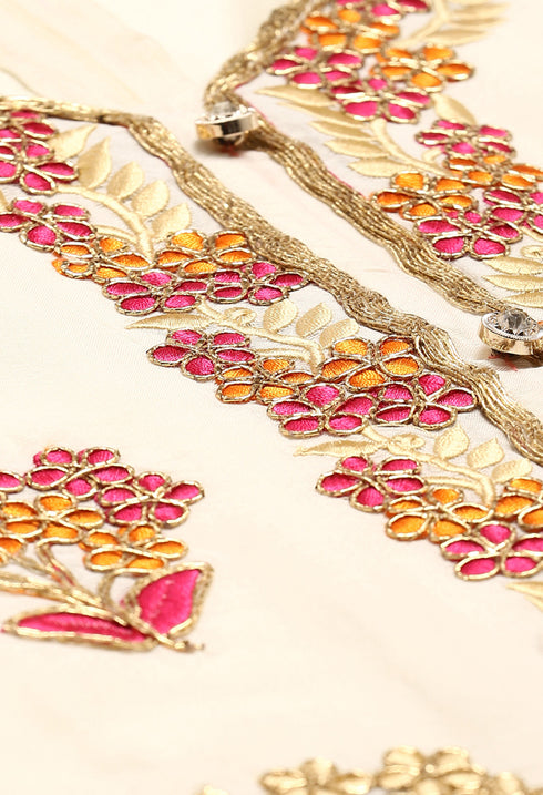Off-White Chanderi Silk Embroidered Semi-Stitched Salwar Suit Material