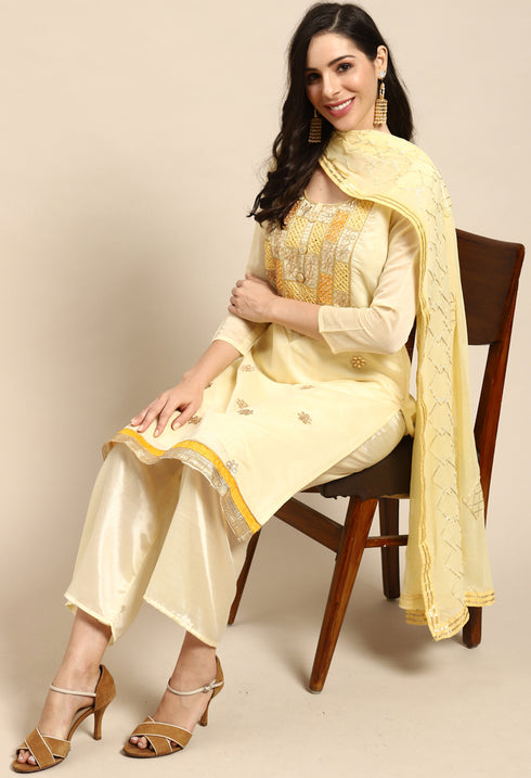 Light Yellow Chanderi Silk Embroidered Semi-Stitched Salwar Suit Material