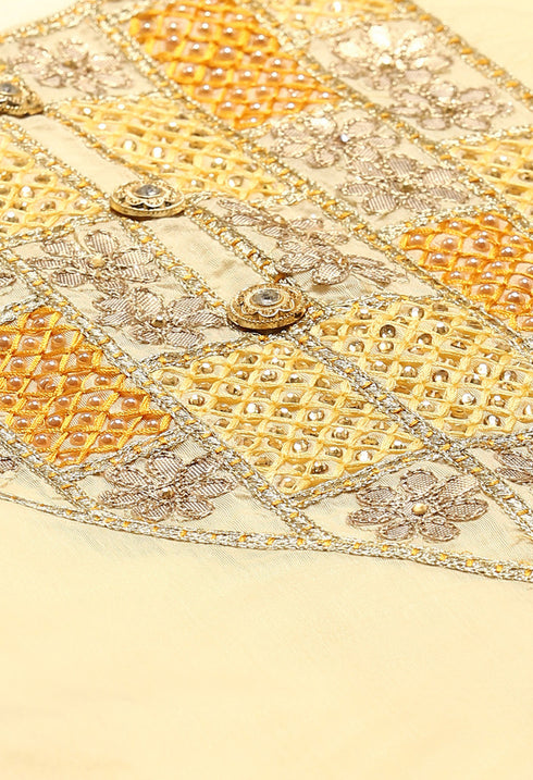 Light Yellow Chanderi Silk Embroidered Semi-Stitched Salwar Suit Material