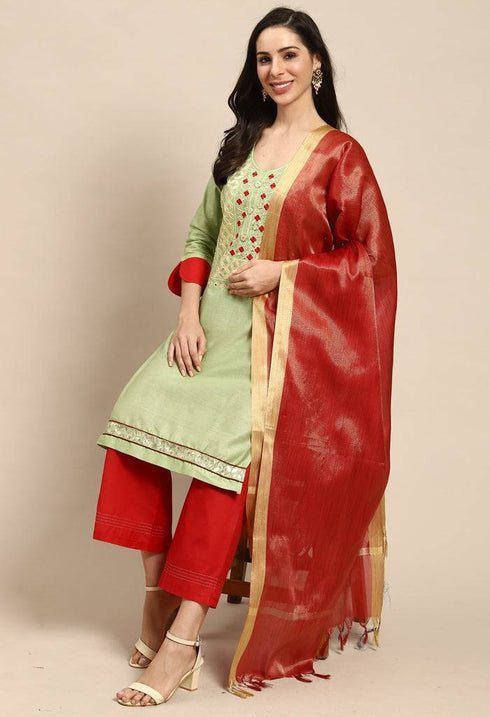 Green Pure Cotton Embroidered Unstitched Salwar Suit Material
