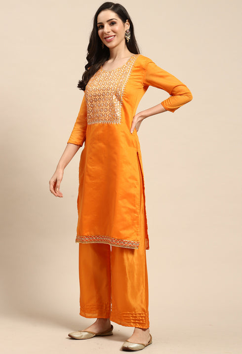 Orange Chanderi Silk Embroidered Unstitched Salwar Suit Material