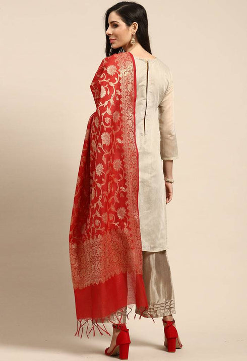 Beige Chanderi Silk Embellished Unstitched Salwar Suit Material - Rajnandini