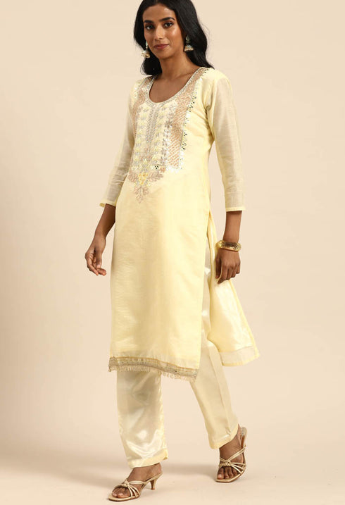 Light Yellow chanderi silk Embroidered Unstitched Salwar Suit Material