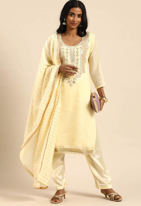 Light Yellow chanderi silk Embroidered Unstitched Salwar Suit Material