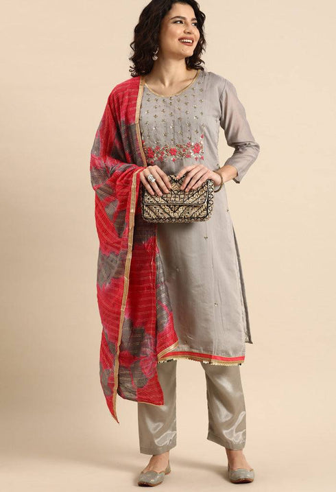 Baby Pink chanderi silk Embroidered Unstitched Salwar Suit Material - Rajnandini