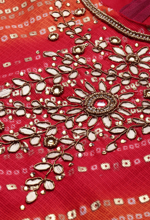 Red And Orange Silk Kota Cotton embellished Unstitched Salwar Suit Material