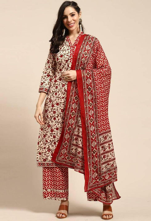 Beige Pure Cambric Cotton Printed Unstitched Salwar Suit Material