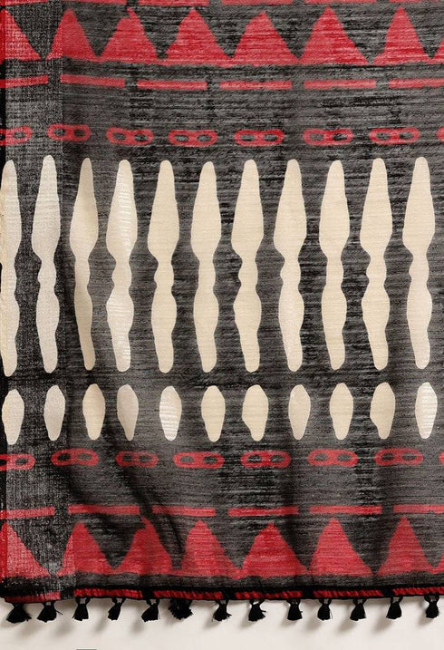 Black & Beige Cotton Silk Geometric Printed Traditional Saree