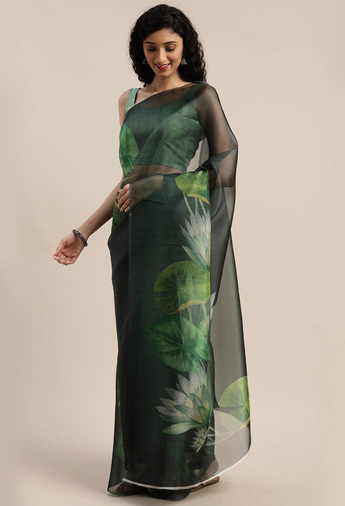 Bottle Green Organza Printed Traditional Saree