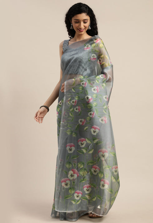 Grey Organza Printed Traditional Saree
