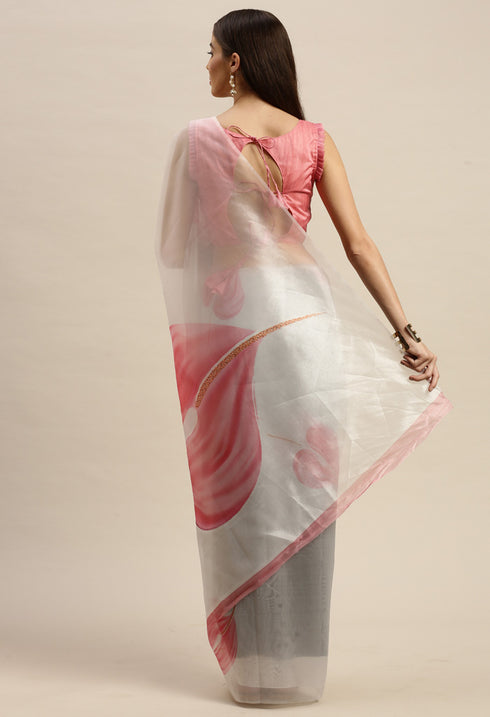 Off-White And Pink Organza Digital Floral Printed Traditional Saree
