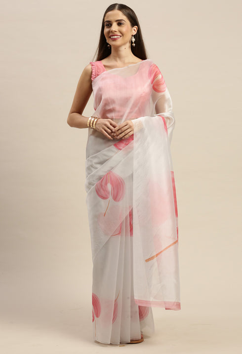 Off-White And Pink Organza Digital Floral Printed Traditional Saree