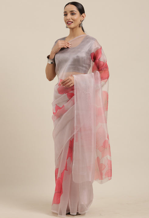 Grey And Pink Organza Digital Floral Printed Traditional Saree