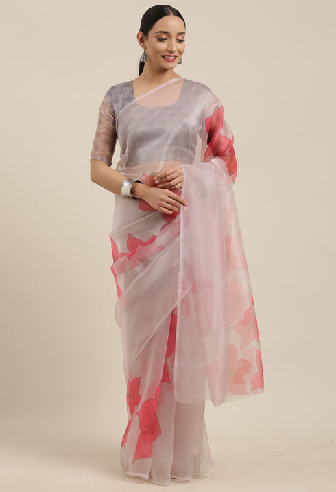 Grey And Pink Organza Digital Floral Printed Traditional Saree