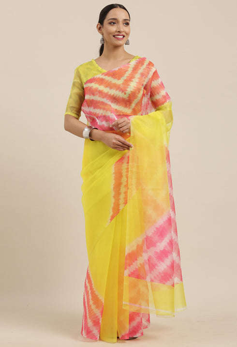 Yellow And Pink Organza Digital Floral Printed Traditional Saree