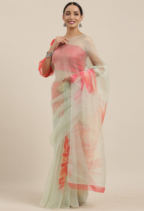 Pista Green Organza Digital Floral Printed Traditional Saree