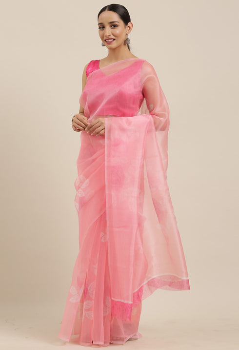 Light Pink Organza Digital Floral Printed Traditional Saree