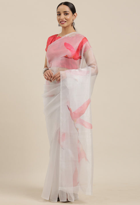 Light Grey And Pink Organza Digital Floral Printed Traditional Saree