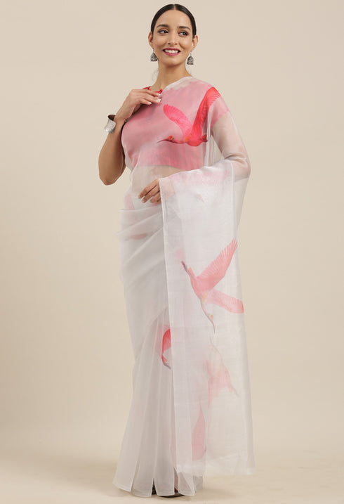 Light Grey And Pink Organza Digital Floral Printed Traditional Saree
