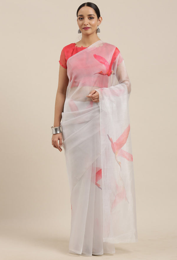 Light Grey And Pink Organza Digital Floral Printed Traditional Saree