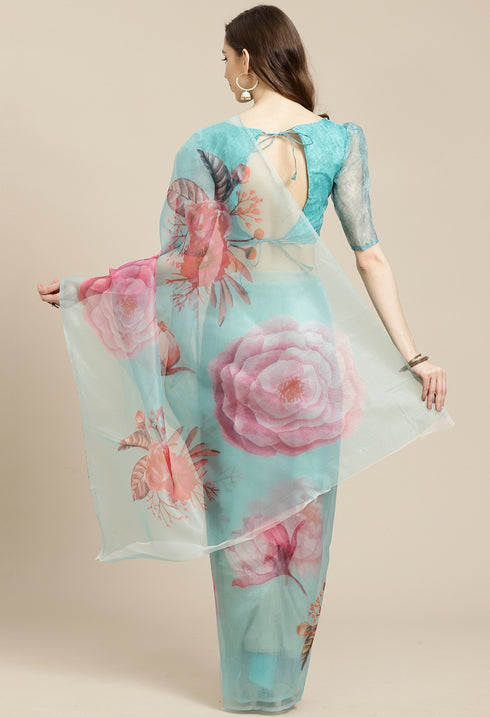 Turquoise Organza Digital Floral Printed Traditional Saree