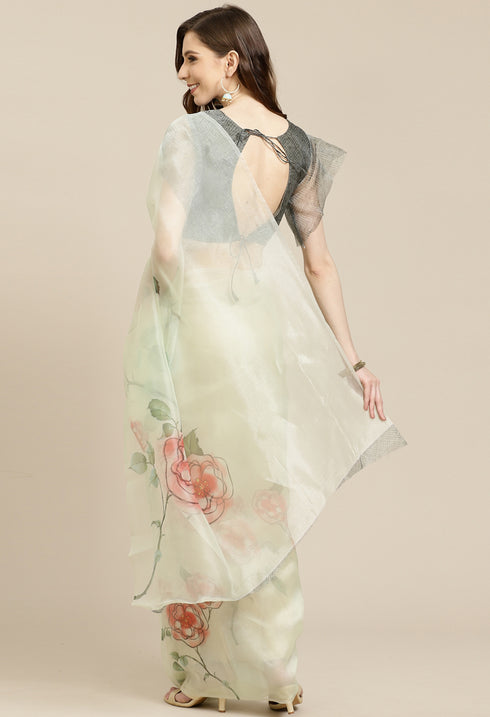 Pista Green Organza Digital Floral Printed Traditional Saree