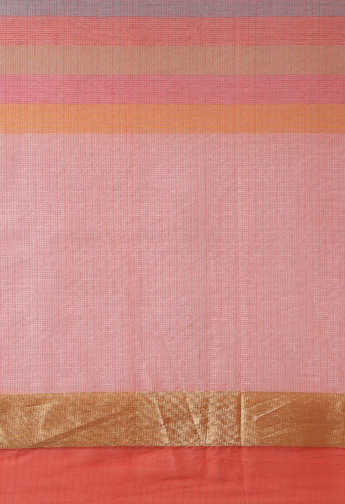 Light Pink kota Doria Cotton With Multicolored Striped Printed Traditional Saree