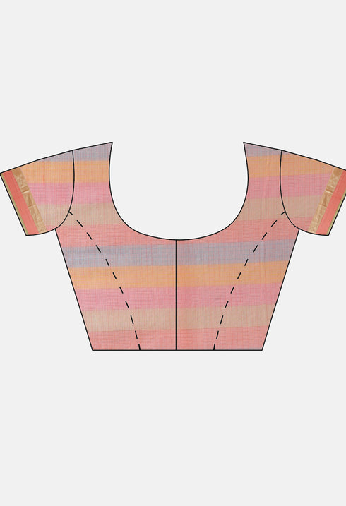 Light Pink kota Doria Cotton With Multicolored Striped Printed Traditional Saree