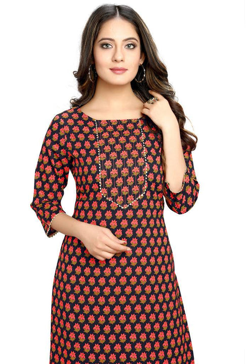Black And Beige Pure Cotton Jaipuri Printed Kurti