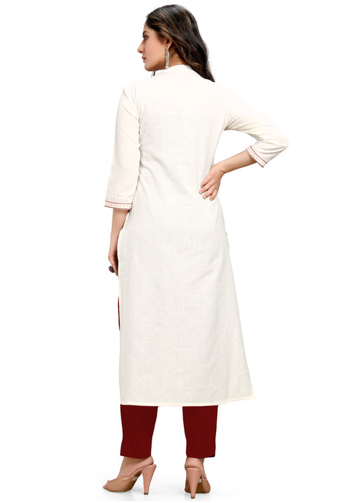 Off-White Pure Cambric Cotton Jaipuri Embroidered Kurti