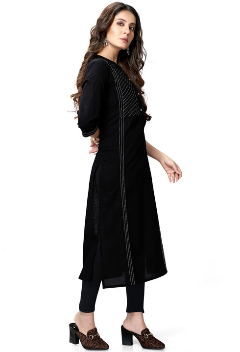 Black Pure Cambric Cotton Jaipuri Embroidered Kurti