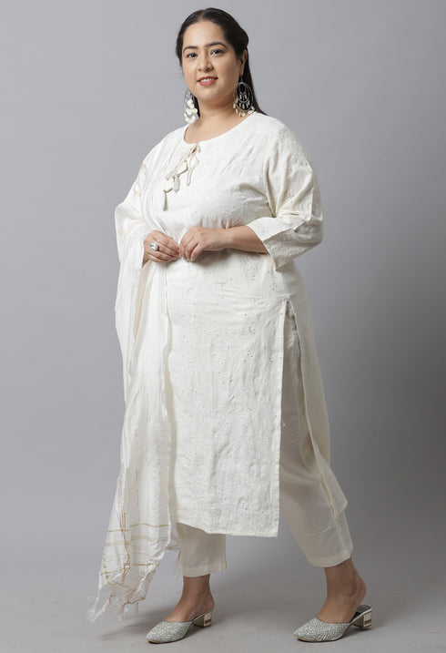 Pure Cambric Cotton Embroidered Plus Size Kurta Set With Dupatta