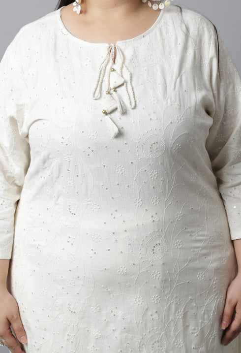 Pure Cambric Cotton Embroidered Plus Size Kurta Set With Dupatta