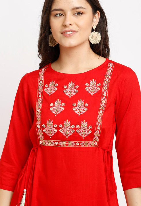 Red Rayon Slub Floral Embroidered Kurta Set With Dupatta