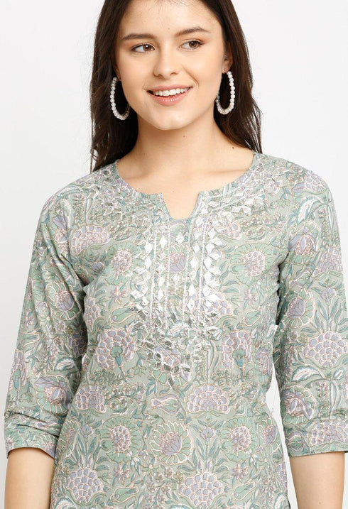 Light Green Pure Cambric Cotton Floral Printed Kurta Set With Dupatta
