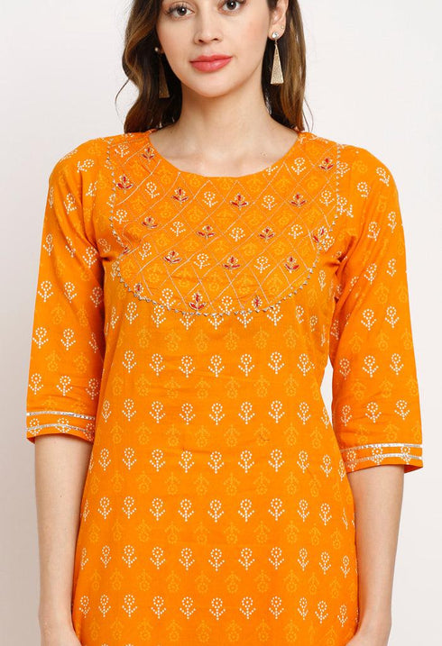 Orange Pure Cambric Cotton Floral Embroidered Kurta Set With Dupatta