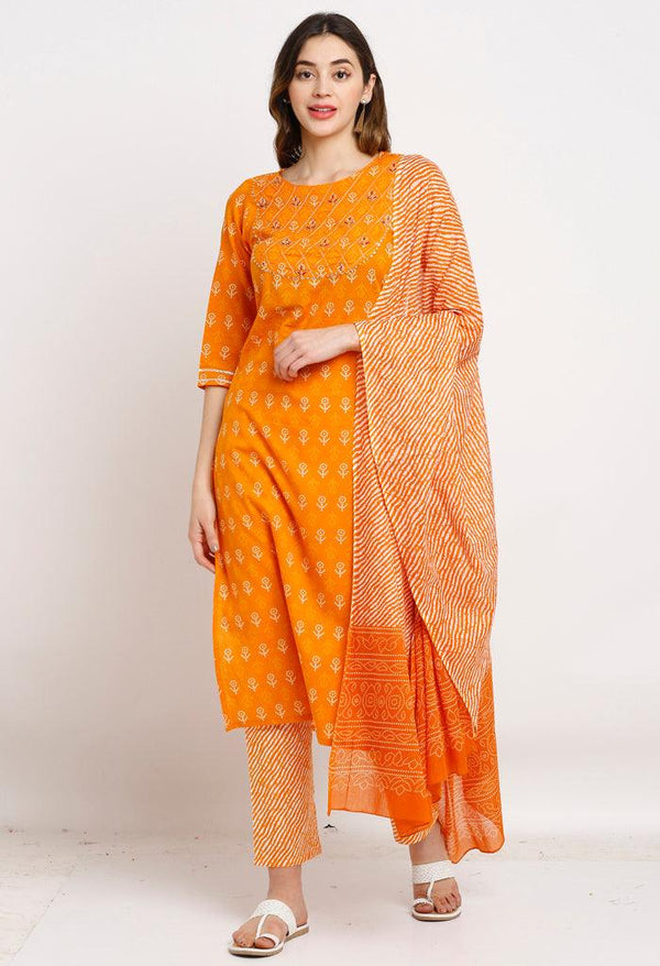 Orange Pure Cambric Cotton Floral Embroidered Kurta Set With Dupatta