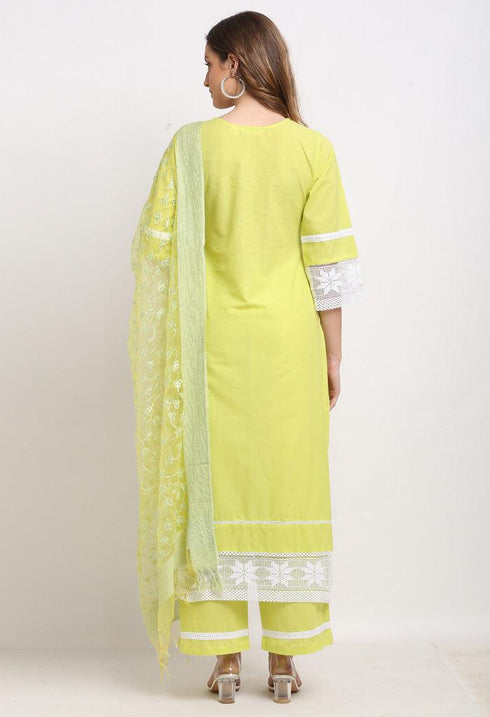 Light Green Pure Cambric Cotton Floral Embroidered Kurta Set With Dupatta