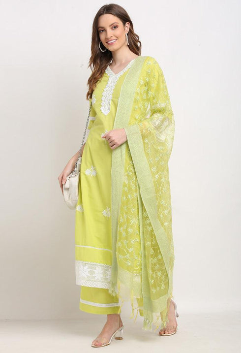 Light Green Pure Cambric Cotton Floral Embroidered Kurta Set With Dupatta