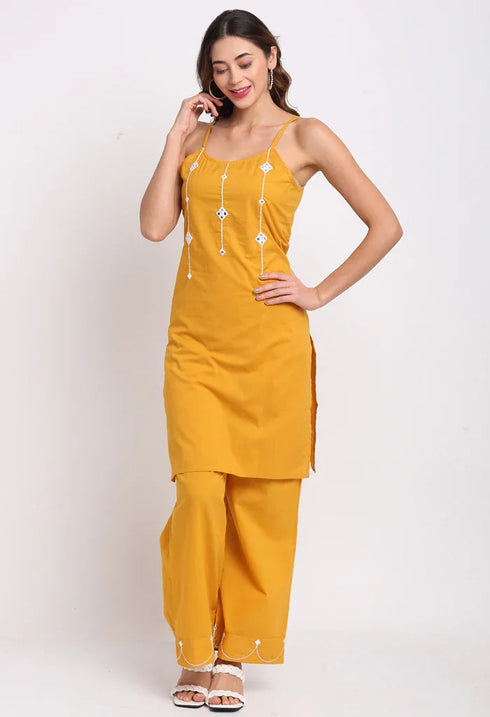 Yellow Pure Cambric Cotton Floral Embroidered Kurta Set With Dupatta