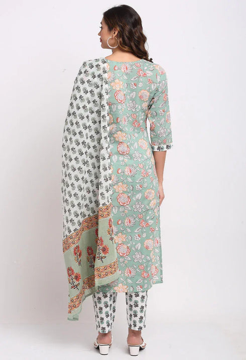 Sage Green Pure Cambric Cotton Floral Printed Kurta Set With Dupatta