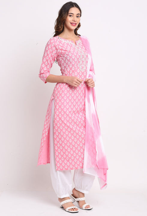 Pink And White Pure Cambric Cotton Kurta Set With Dupatta