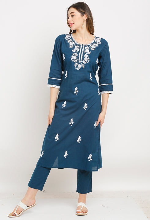 Navy Blue Pure Cambric Cotton Embroidered Kurta Set With Dupatta