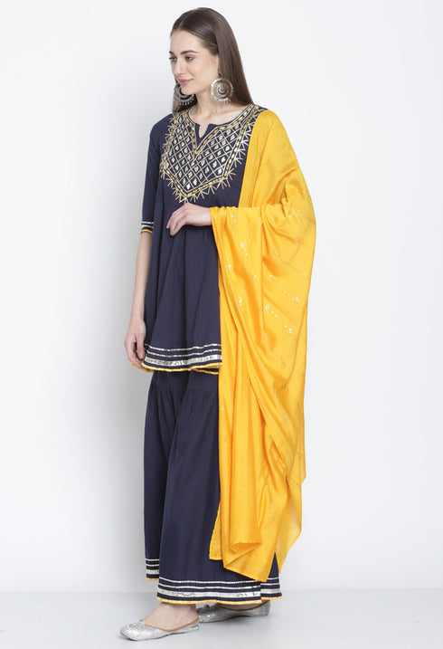 Navy Blue Pure Cambric Cotton Floral Embroidered Kurta Set With Dupatta