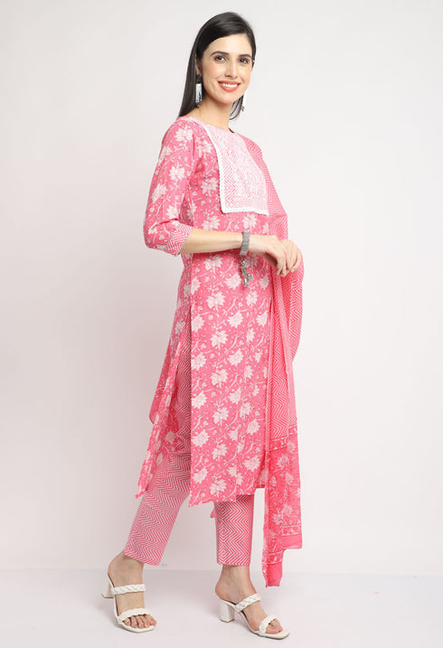Pure Cambric Cotton Embroidered Kurta Set With Dupatta