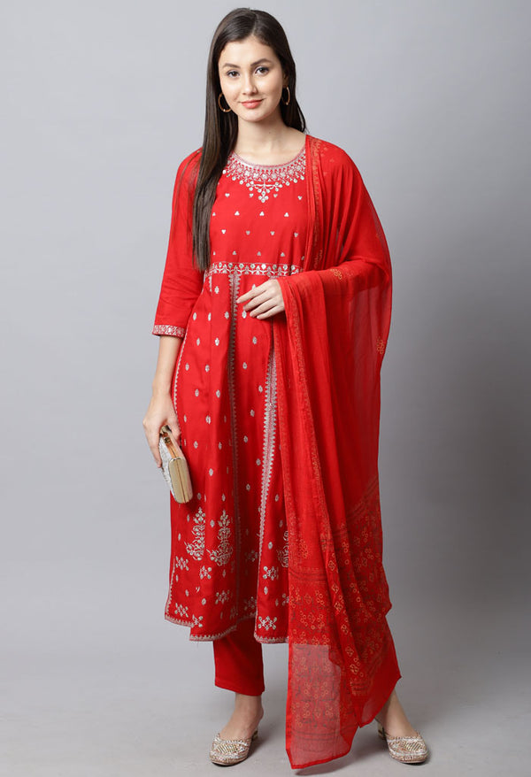 Rayon Slub Embroidered Kurta Set With Dupatta