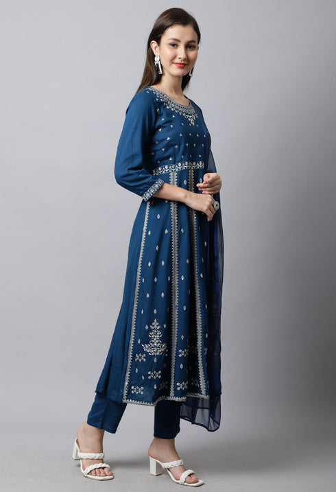 Rayon Slub Embroidered Kurta Set With Dupatta
