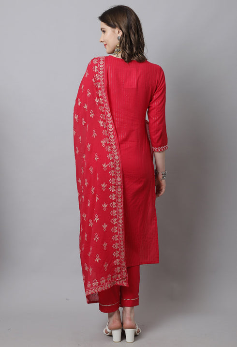 Pure Cotton Zari Weaving And Embroidered Kurta Set With Dupatta