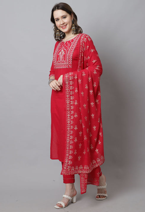 Pure Cotton Zari Weaving And Embroidered Kurta Set With Dupatta