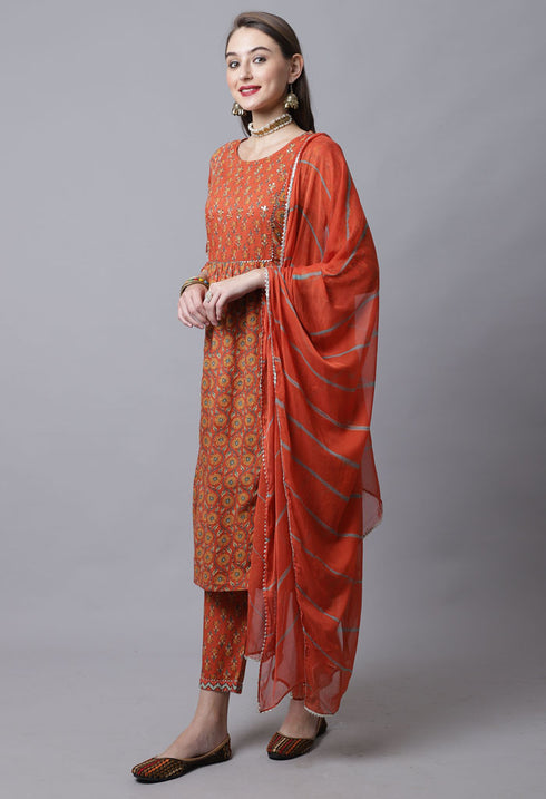 Pure Cotton Jaipuri Printed & Hand Work Kurta Set With Dupatta